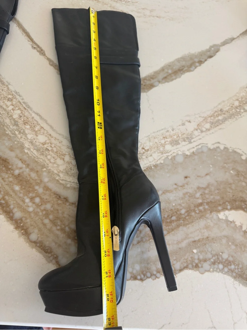 BCBGeneration Black Leather Over-the-Knee High Heel Boots with Gold Hardware